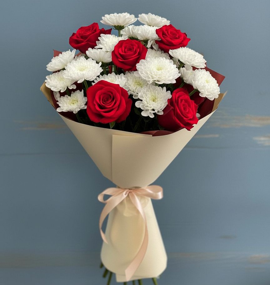 Букет цветов из: Розы и Хризантемы в Посёлок Центральной усадьбы совхоза Озёры