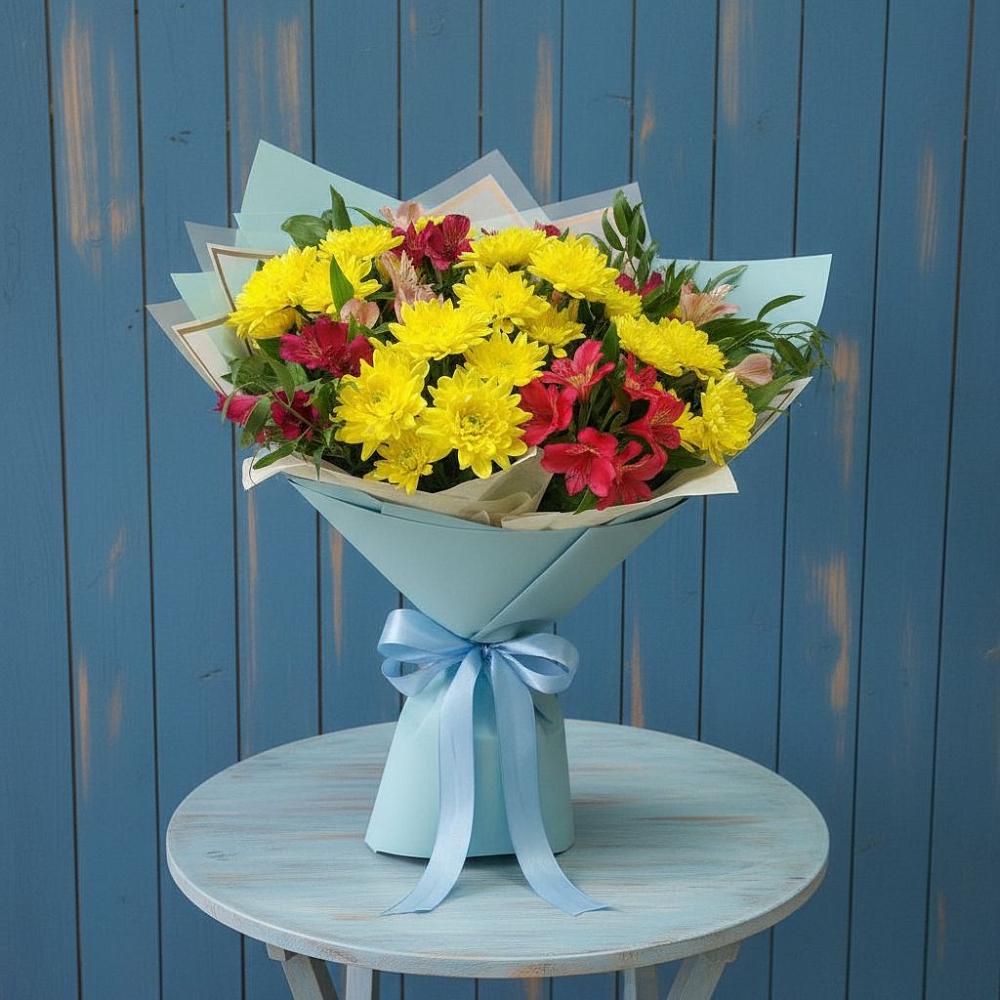 Букет цветов из: Альстромерии и Хризантемы в Посёлок Центральной усадьбы совхоза Озёры