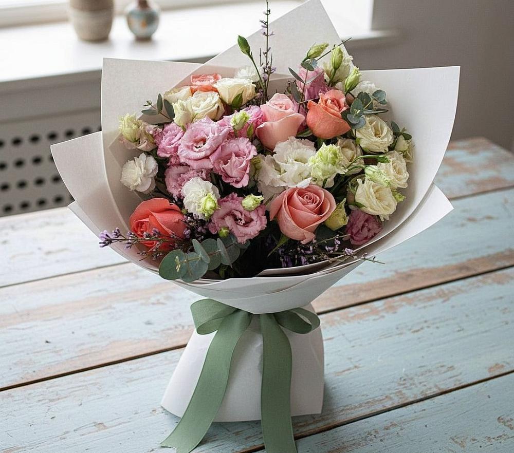 Букет цветов из: Розы, Лизиантусы и Гвоздики в Посёлок Центральной усадьбы совхоза Озёры