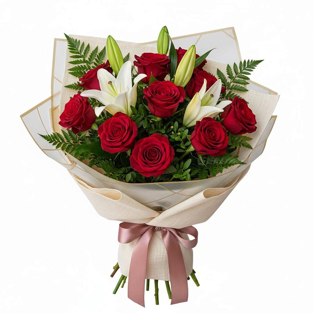 Букет цветов из: Лилии и Розы в Посёлок Центральной усадьбы совхоза Озёры