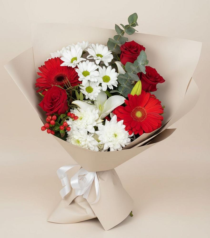 Букет цветов из: Розы, Хризантемы, Герберы и Лилии в Посёлок Центральной усадьбы совхоза Озёры