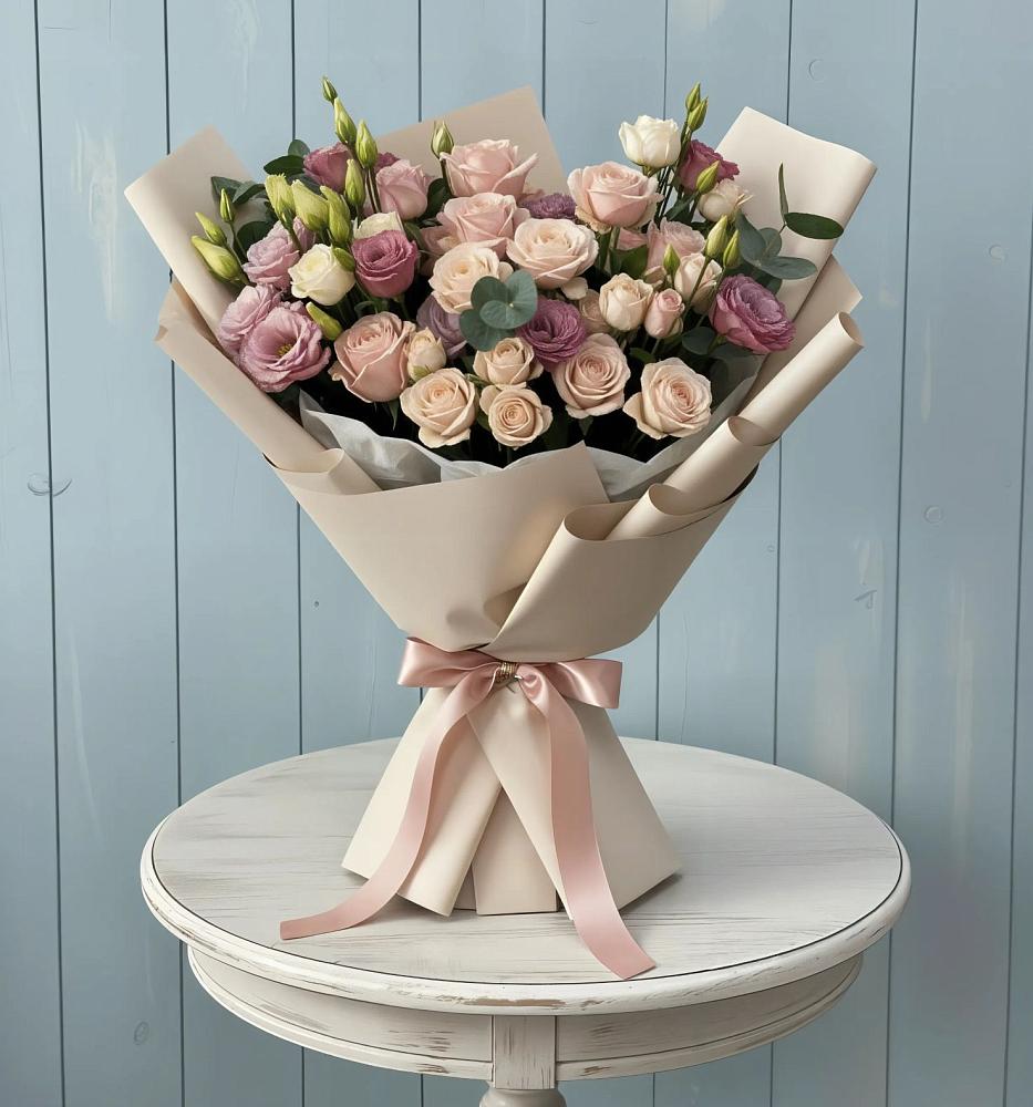 Букет цветов из: Розы и Лизиантусы в Посёлок Центральной усадьбы совхоза Озёры