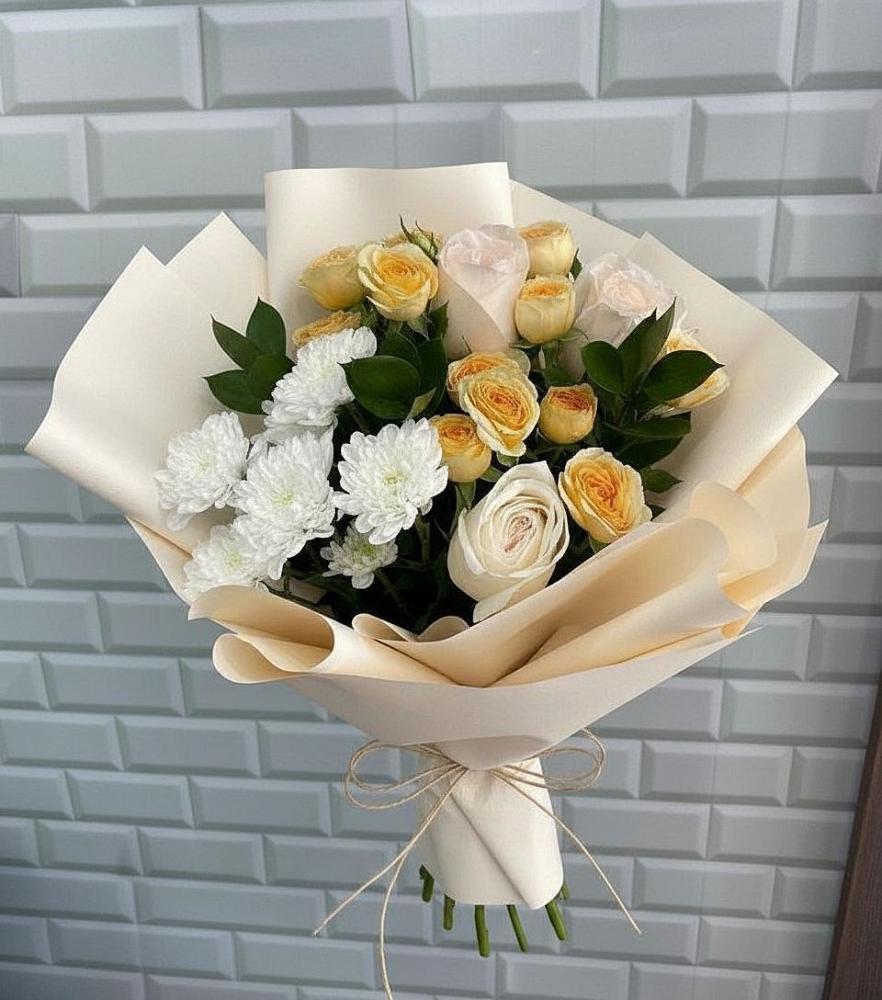 Букет цветов из: Розы и Хризантемы в Посёлок Центральной усадьбы совхоза Озёры