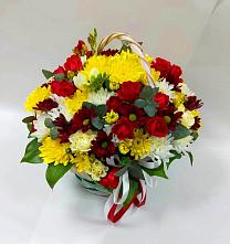 Цветочная композиция из Хризантемы и Розы в корзине #REPLACE_PRED# Посёлок Центральной усадьбы совхоза Озёры