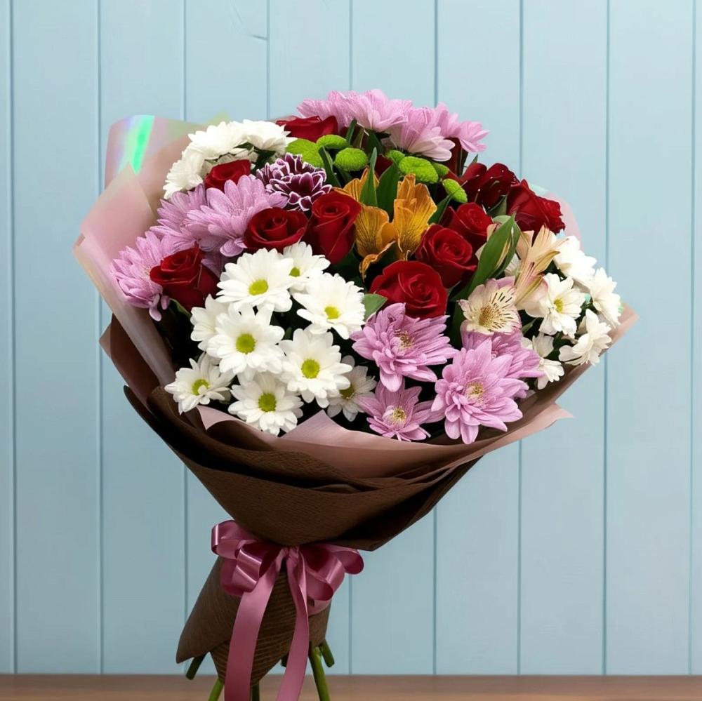 Букет цветов из: Розы, Хризантемы и Альстромерии в Посёлок Центральной усадьбы совхоза Озёры