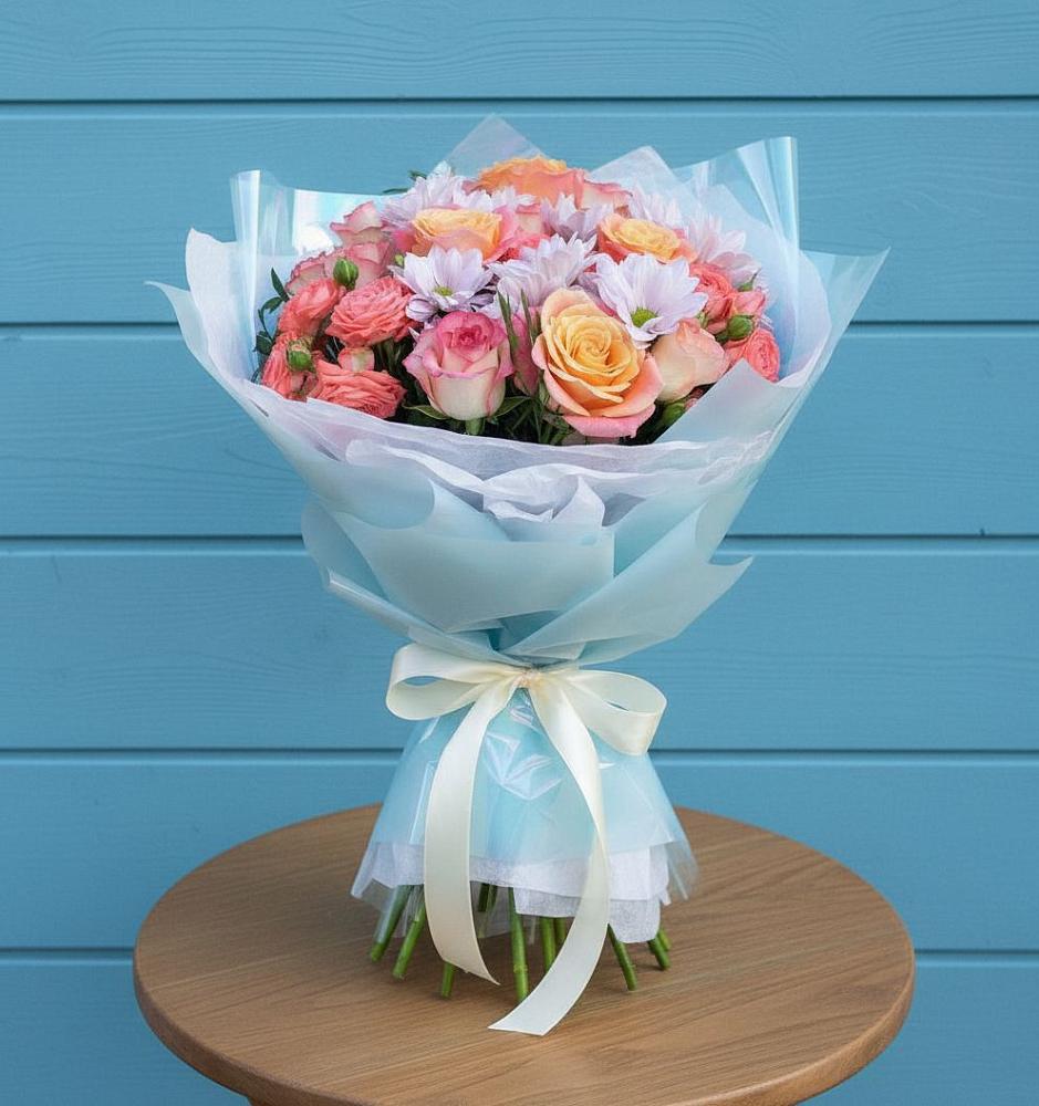 Букет цветов из: Хризантемы и Розы в Посёлок Центральной усадьбы совхоза Озёры