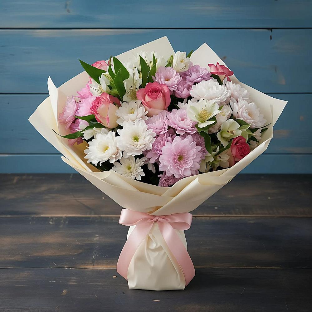 Букет цветов из: Хризантемы, Альстромерии и Розы в Посёлок Центральной усадьбы совхоза Озёры